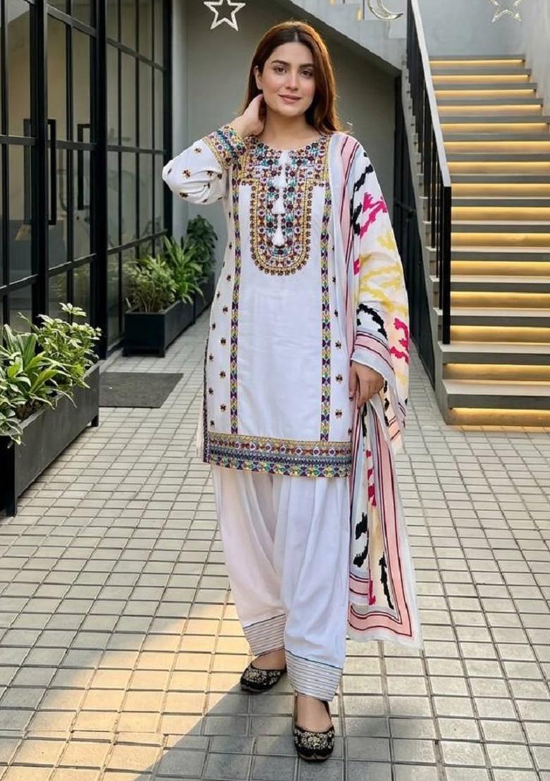 White Embroidered Silk Salwar Suit - Indya