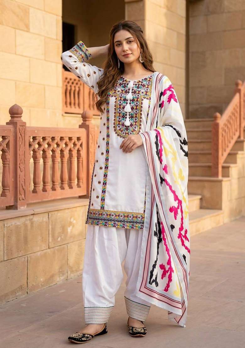 White Embroidered Silk Salwar Suit - Indya