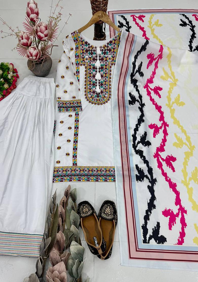 White Embroidered Silk Salwar Suit - Indya