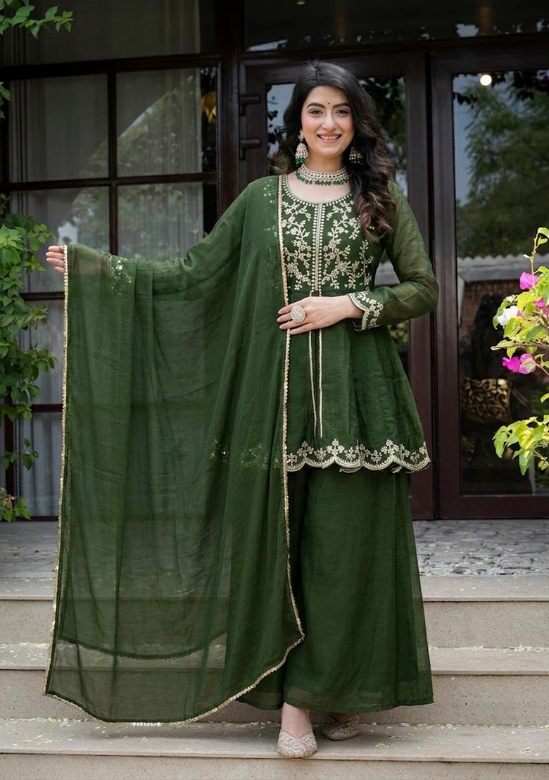 Green Embroidered Silk Salwar Suit - Indya