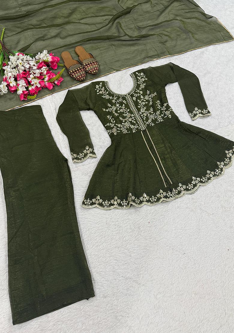 Green Embroidered Silk Salwar Suit - Indya