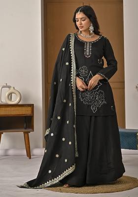 Black Embroidered Silk Sharara Set