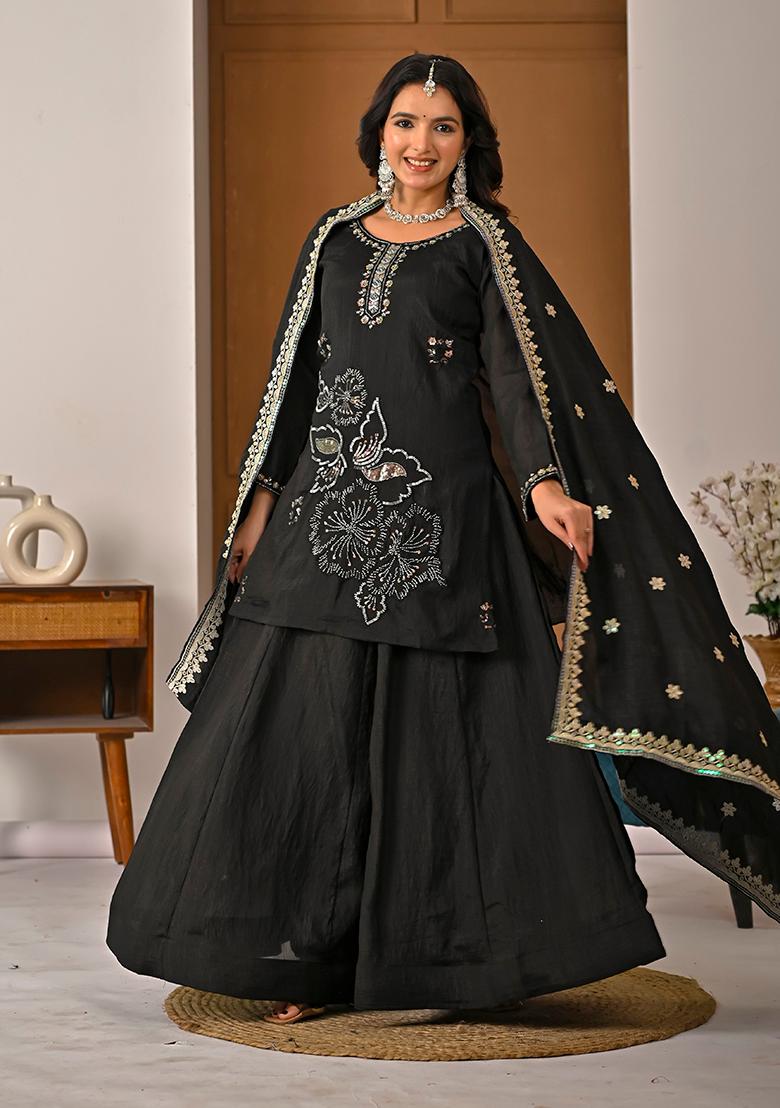 Black Embroidered Silk Sharara Set - Indya