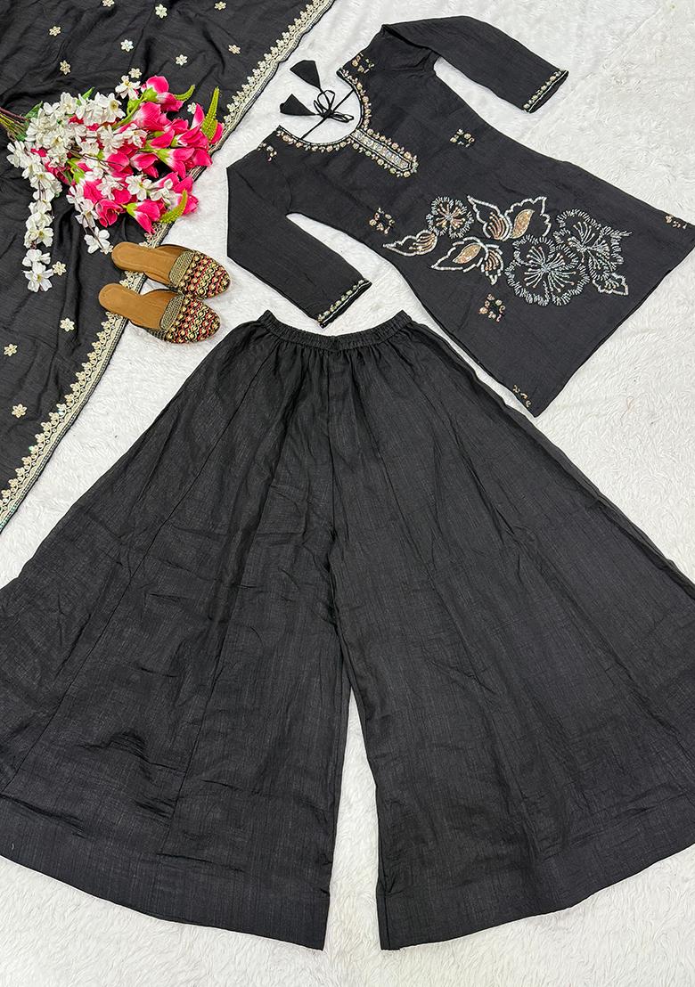 Black Embroidered Silk Sharara Set - Indya