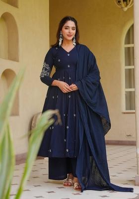 Blue Embroidered Silk Anarkali Set