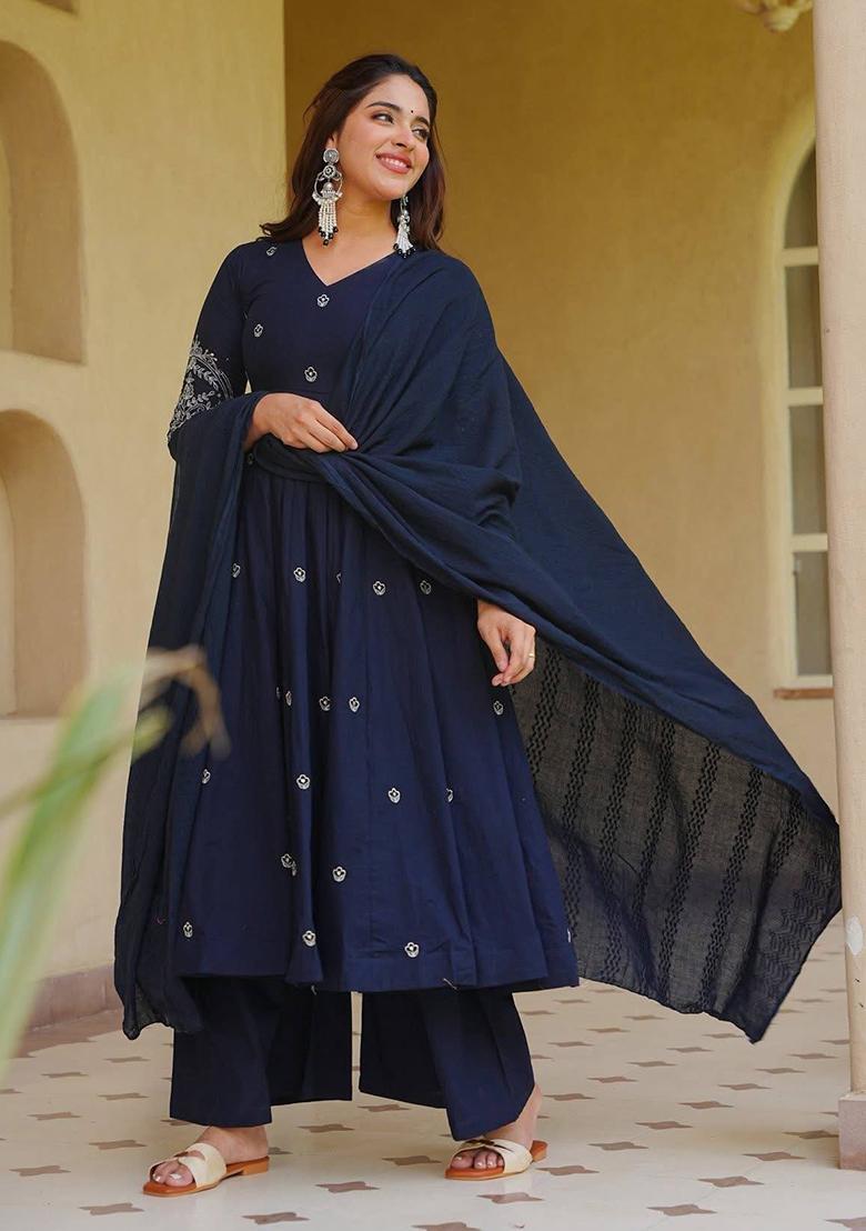 Blue Embroidered Silk Anarkali Set - Indya