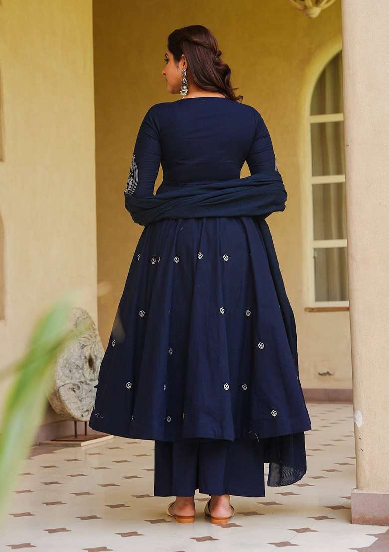 Blue Embroidered Silk Anarkali Set - Indya