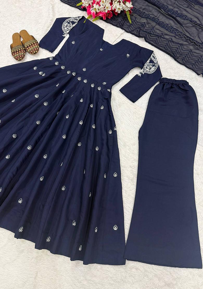 Blue Embroidered Silk Anarkali Set - Indya