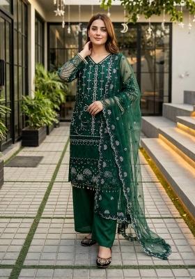 Green Embroidered Net Sharara Set