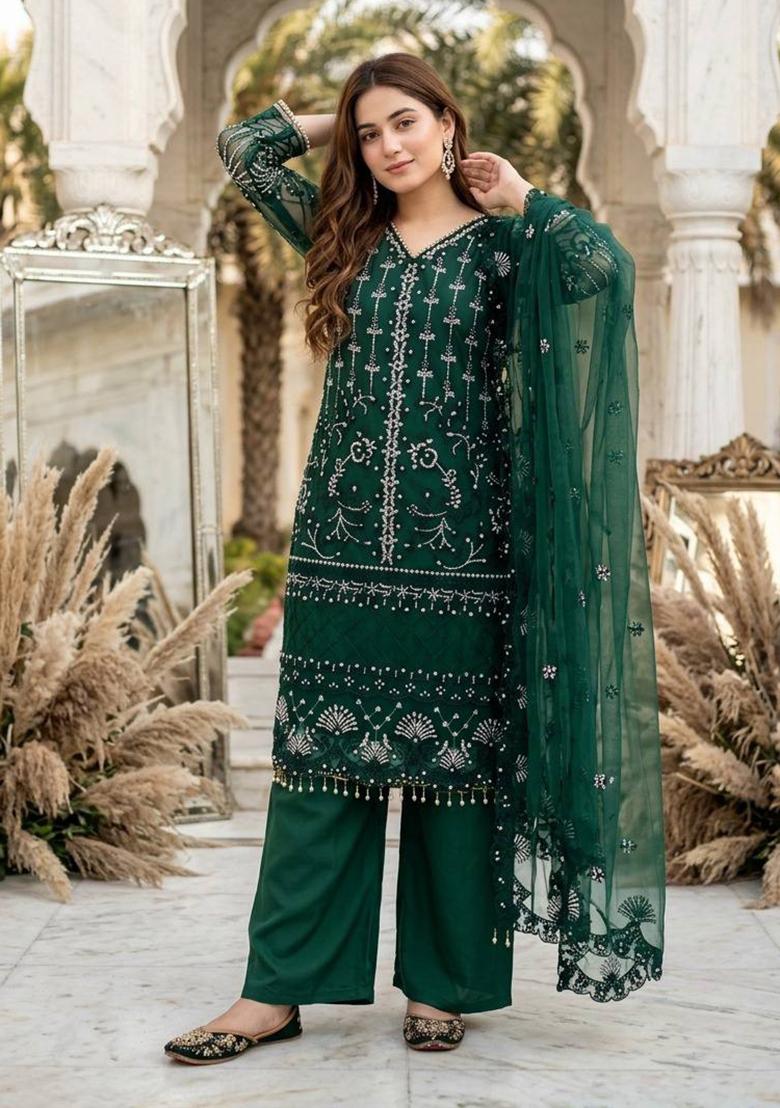 Green Embroidered Net Sharara Set - Indya