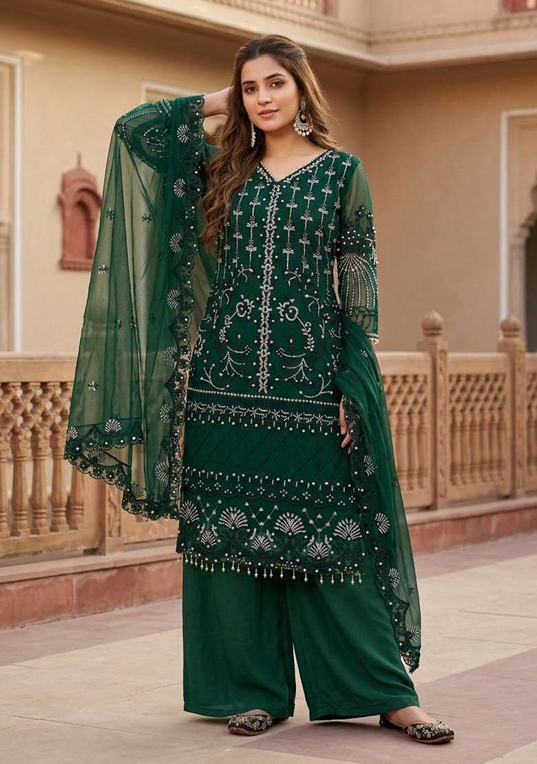 Green Embroidered Net Sharara Set - Indya