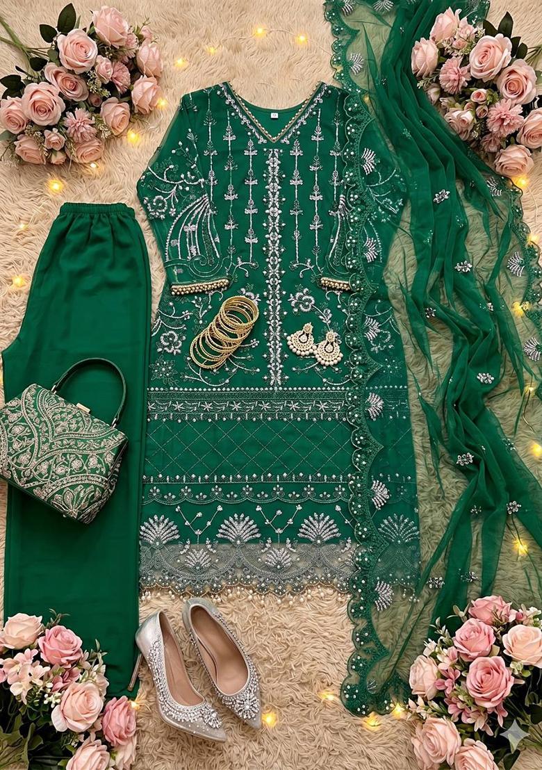 Green Embroidered Net Sharara Set - Indya