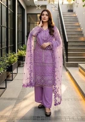 Lavender Embroidered Net Sharara Set