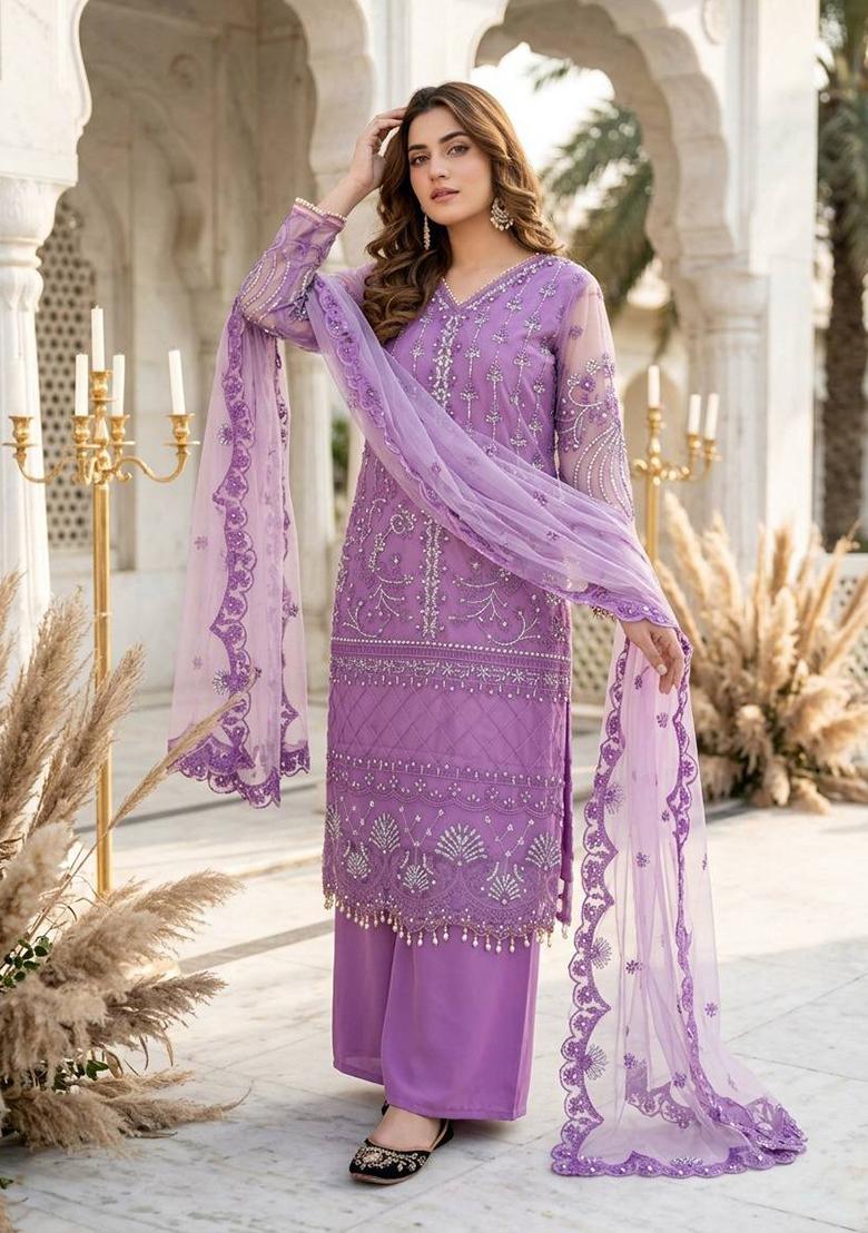 Lavender Embroidered Net Sharara Set - Indya