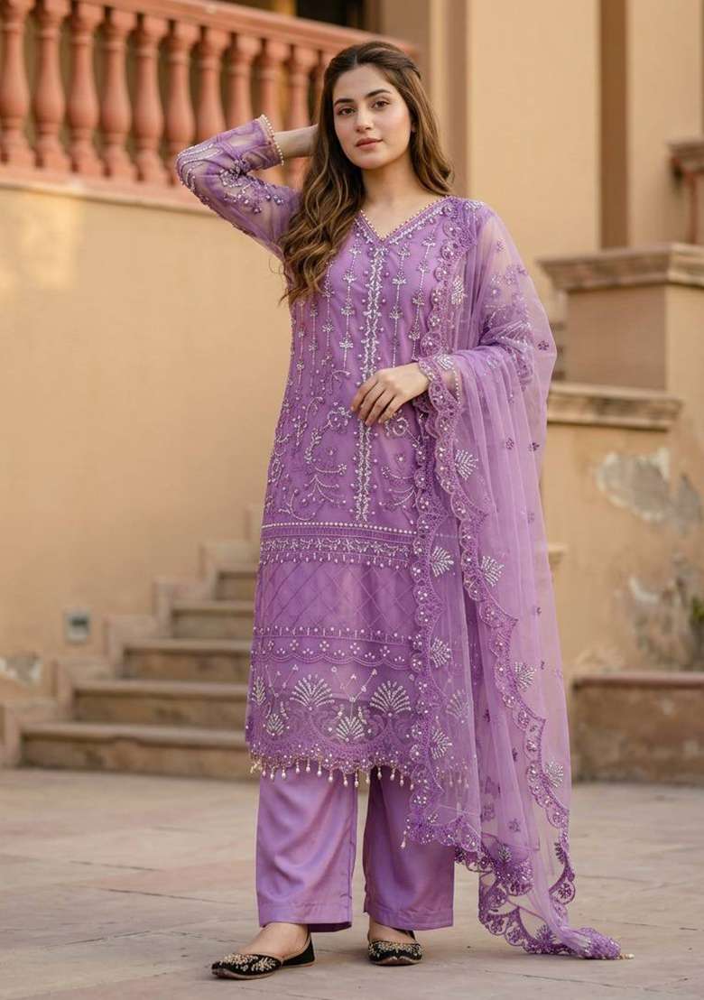 Lavender Embroidered Net Sharara Set - Indya