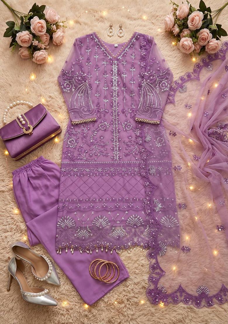 Lavender Embroidered Net Sharara Set - Indya