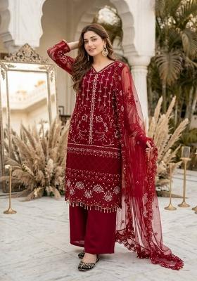 Red Embroidered Net Sharara Set