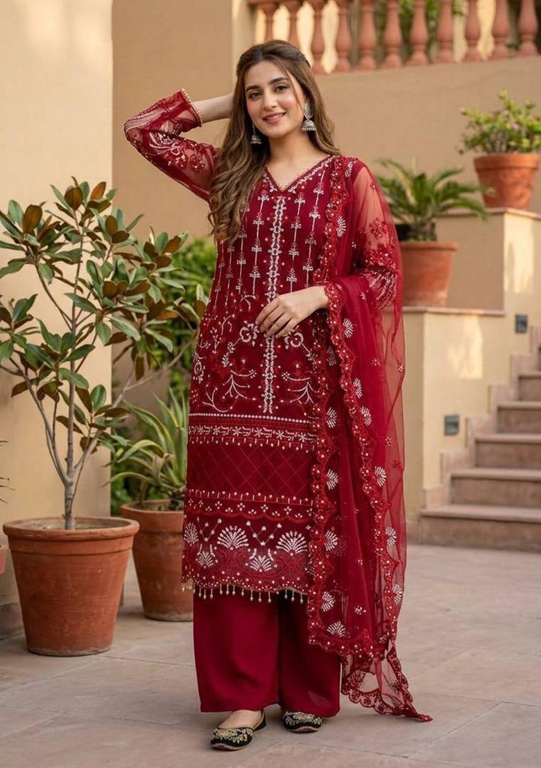 Red Embroidered Net Sharara Set - Indya