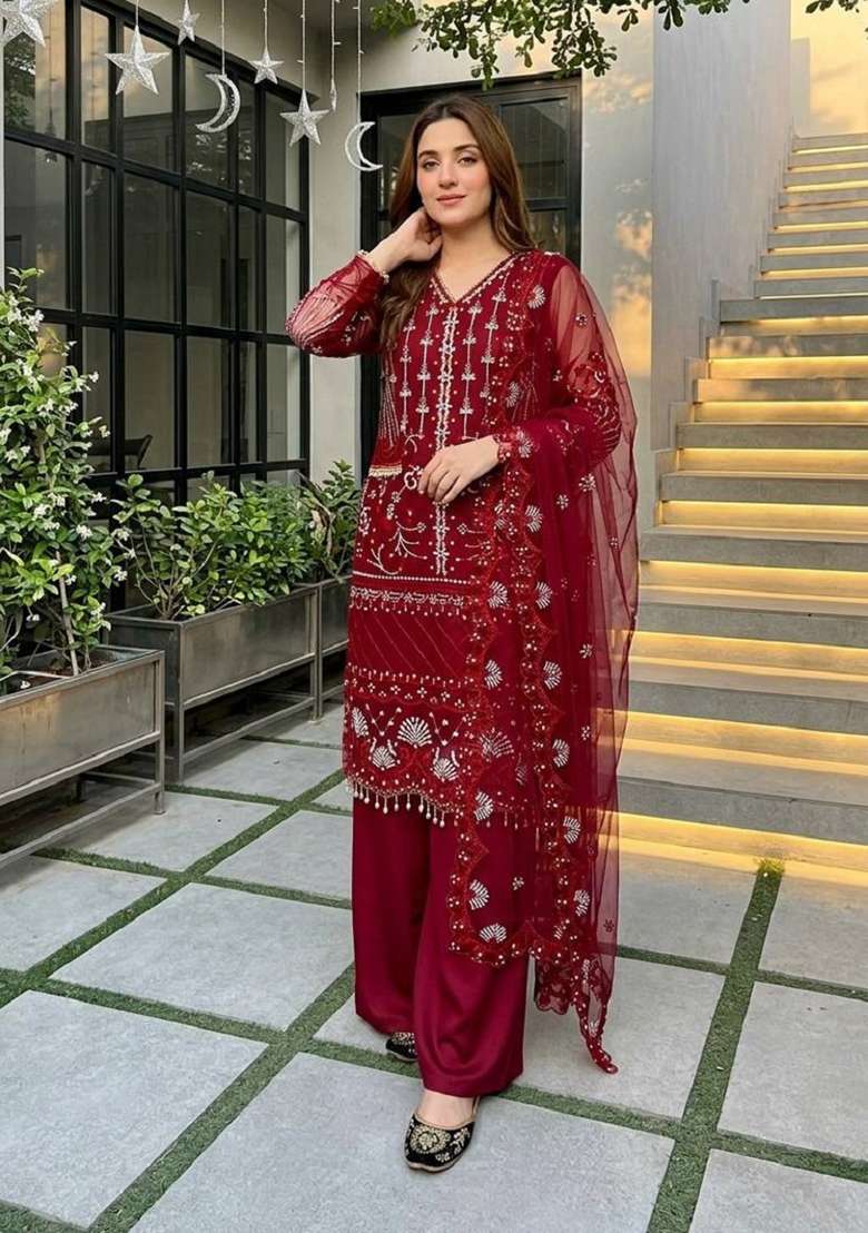 Red Embroidered Net Sharara Set - Indya