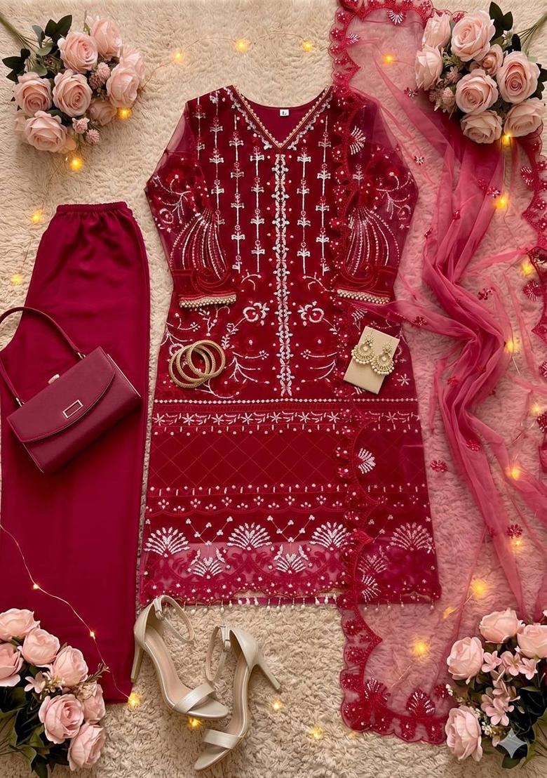 Red Embroidered Net Sharara Set - Indya