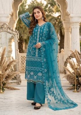 Sky Blue Embroidered Net Sharara Set