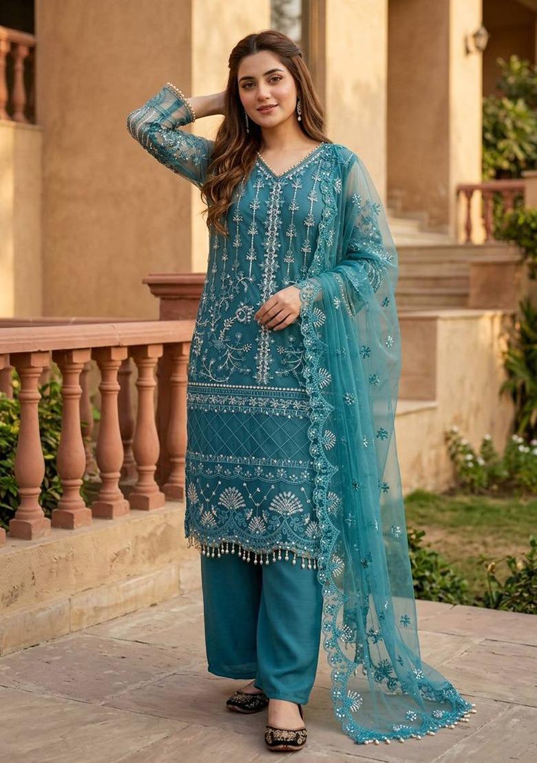 Sky Blue Embroidered Net Sharara Set - Indya