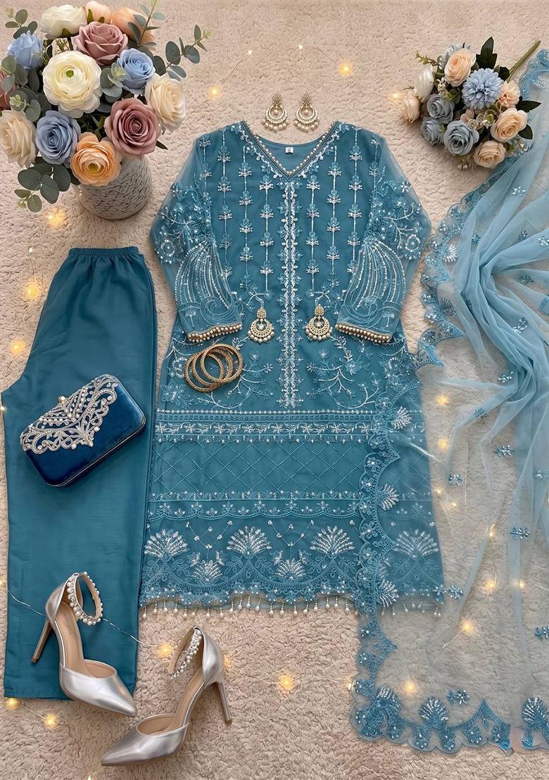 Sky Blue Embroidered Net Sharara Set - Indya