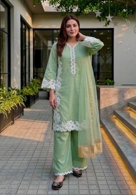 Lite Green Embroidered Silk Palazzo Set