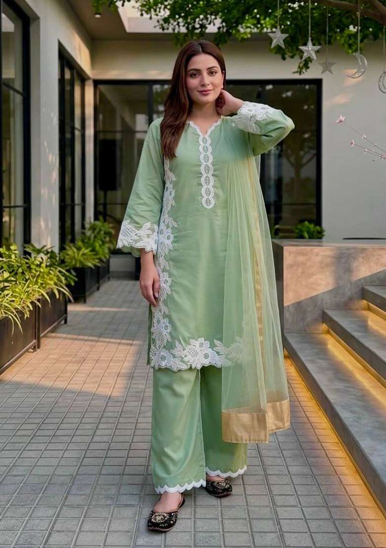 Lite Green Embroidered Silk Palazzo Set - Indya