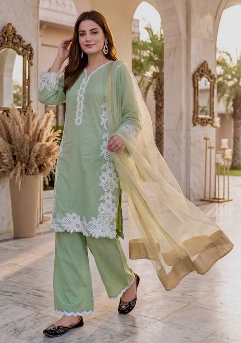 Lite Green Embroidered Silk Palazzo Set - Indya