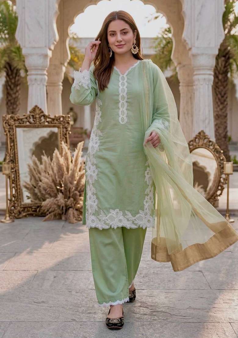 Lite Green Embroidered Silk Palazzo Set - Indya