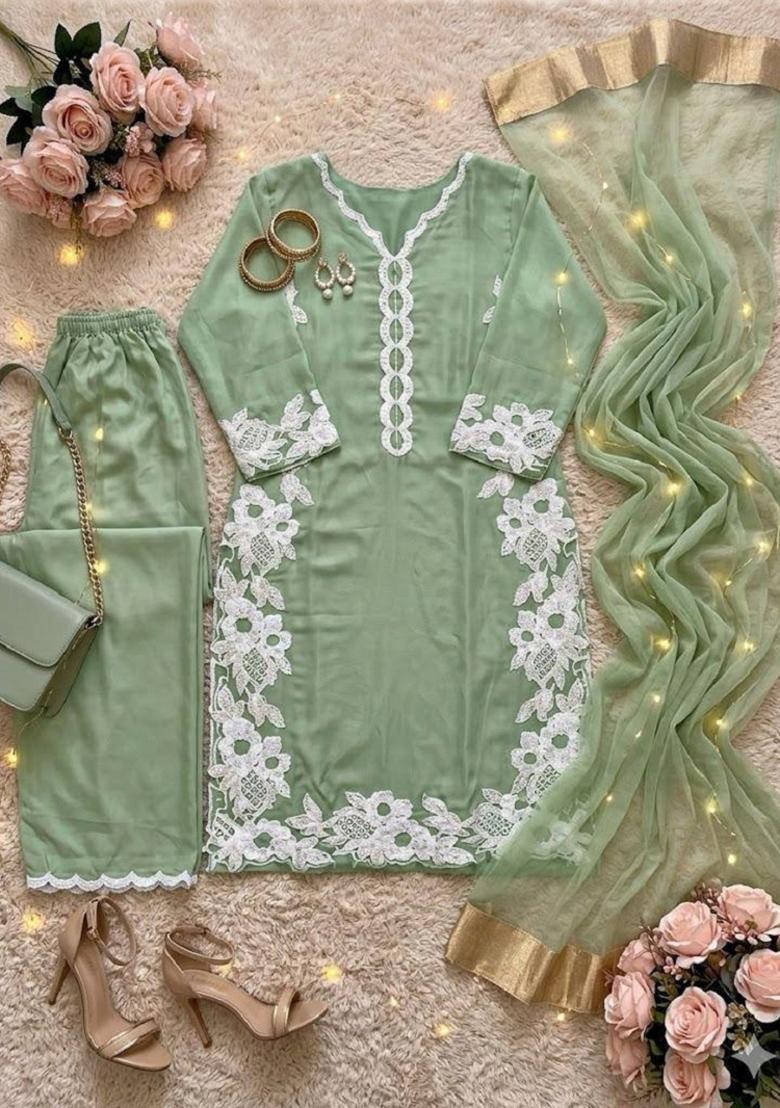 Lite Green Embroidered Silk Palazzo Set - Indya