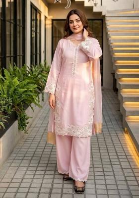 Lite Pink Embroidered Silk Palazzo Set