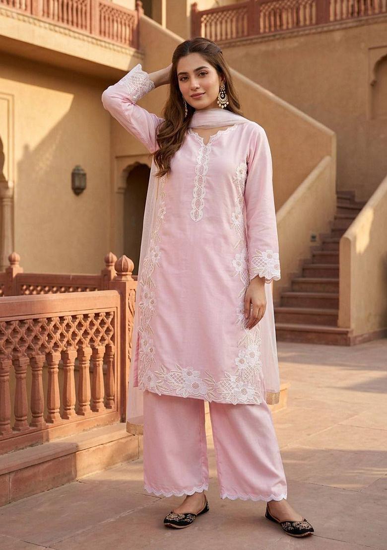 Lite Pink Embroidered Silk Palazzo Set - Indya