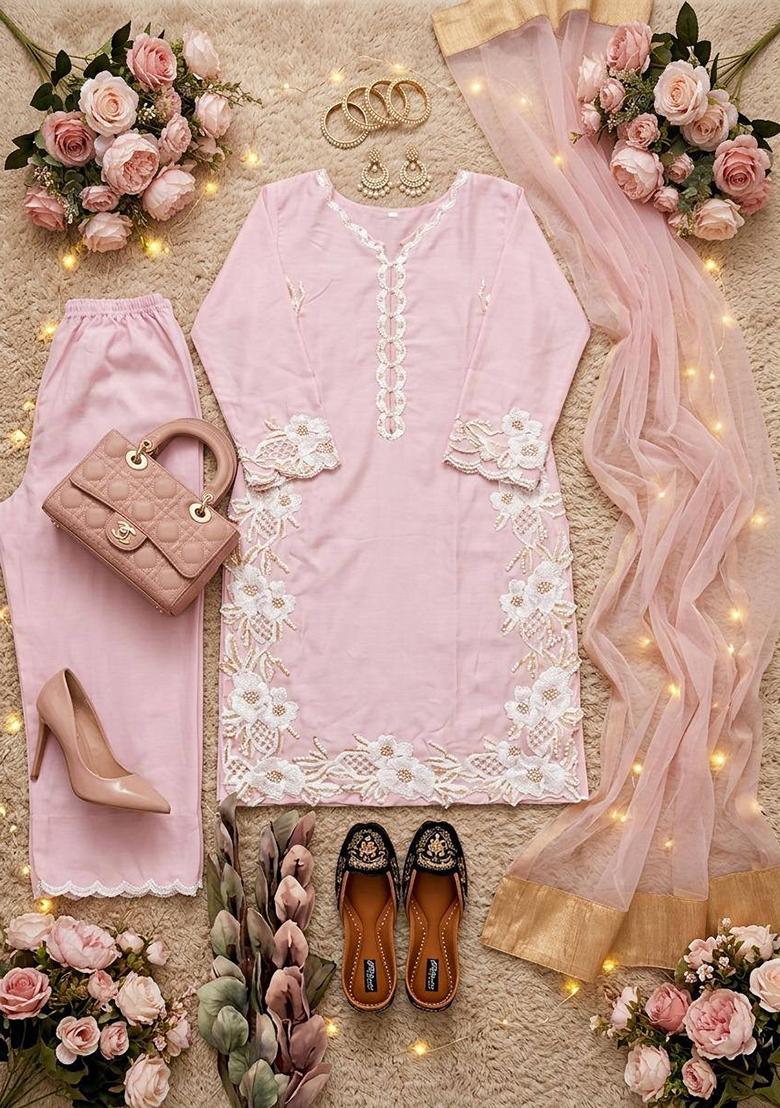 Lite Pink Embroidered Silk Palazzo Set - Indya