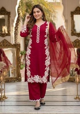 Red Embroidered Silk Palazzo Set
