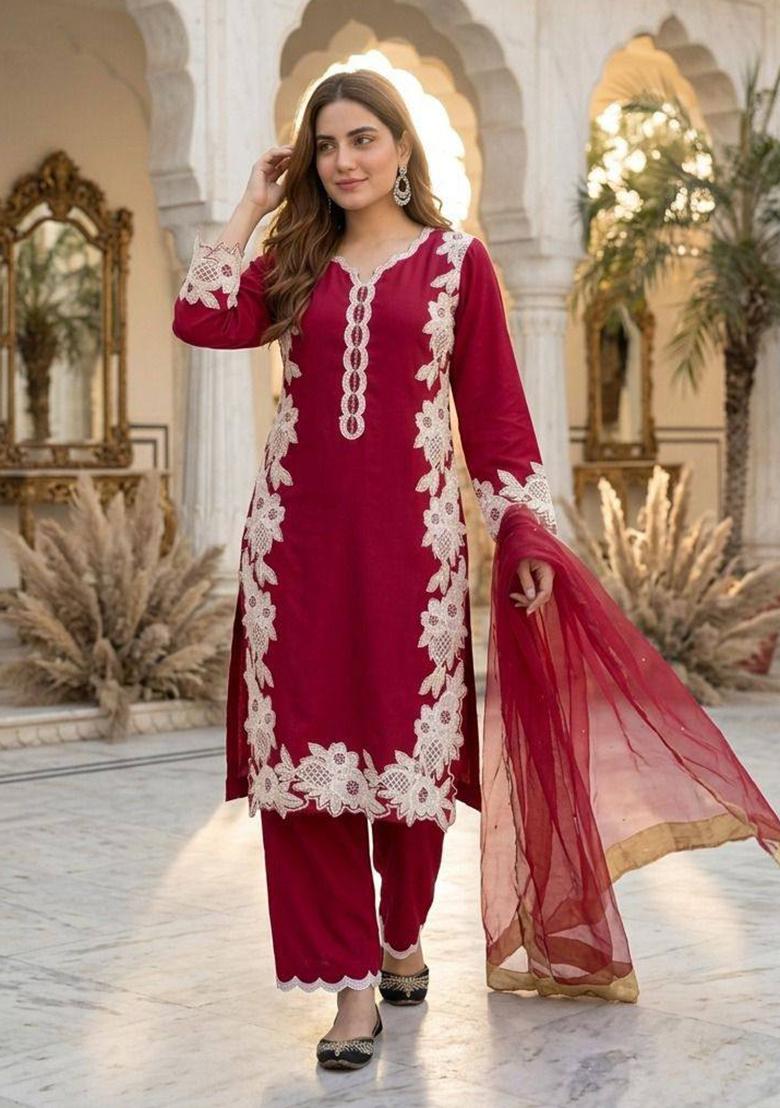 Red Embroidered Silk Palazzo Set - Indya