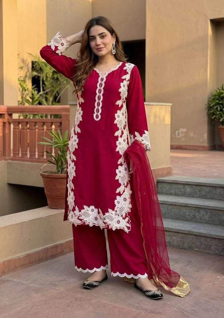 Red Embroidered Silk Palazzo Set - Indya