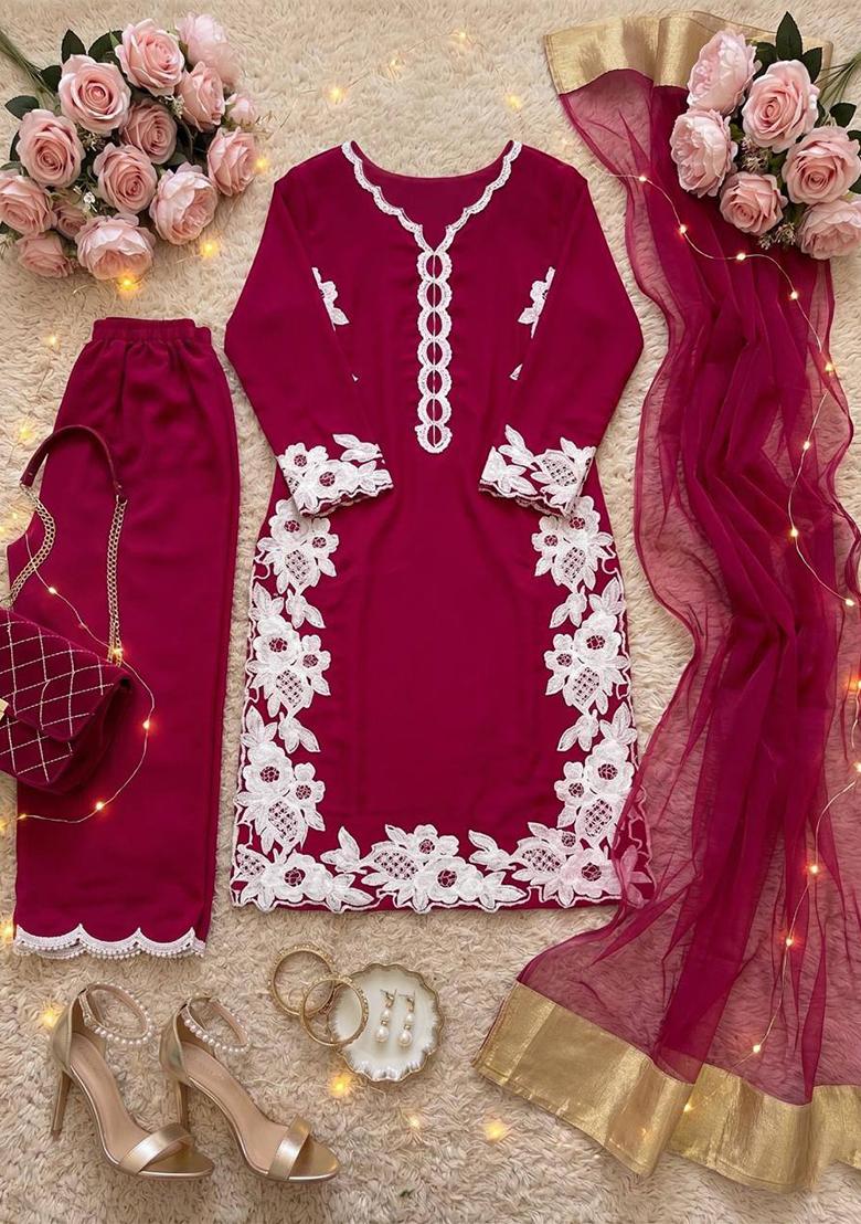 Red Embroidered Silk Palazzo Set - Indya