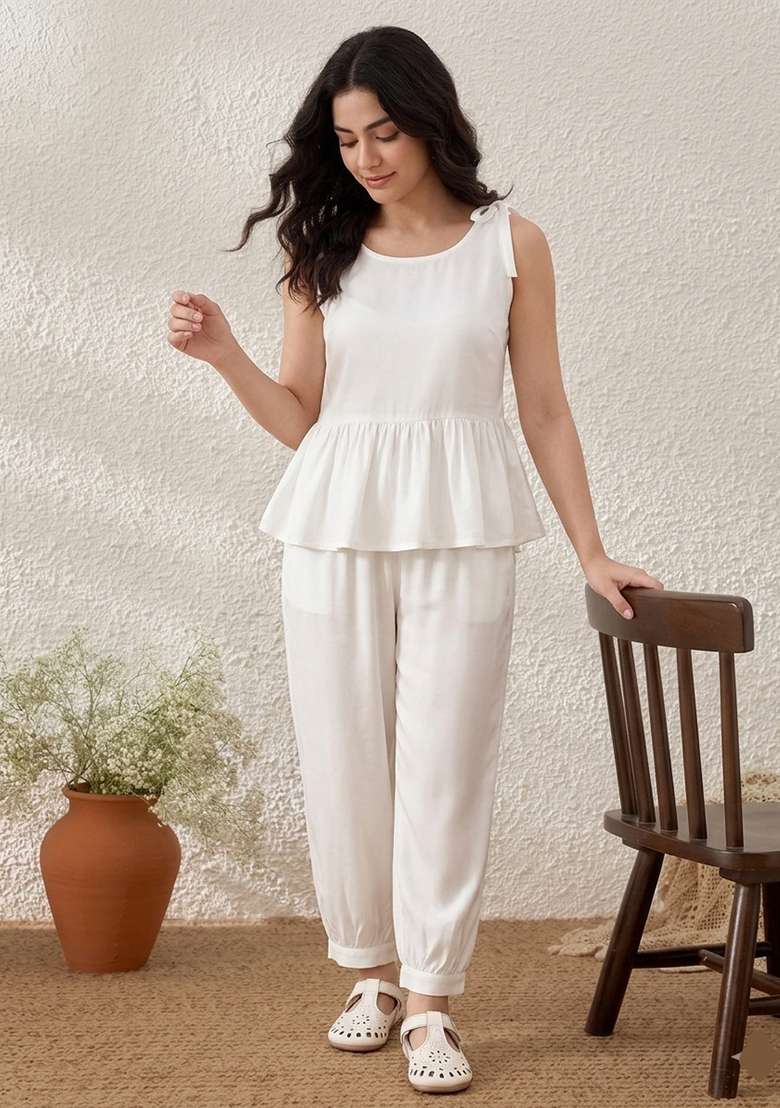 White Plain Rayon Kurta Set - Indya
