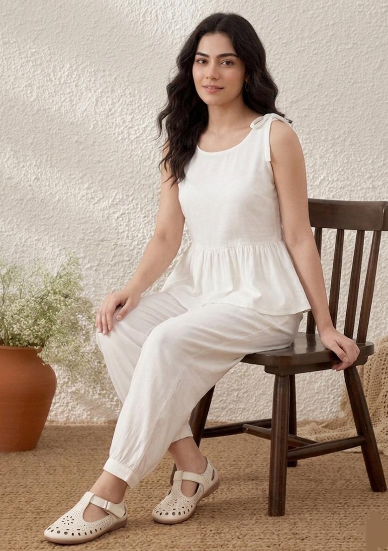 White Plain Rayon Kurta Set - Indya