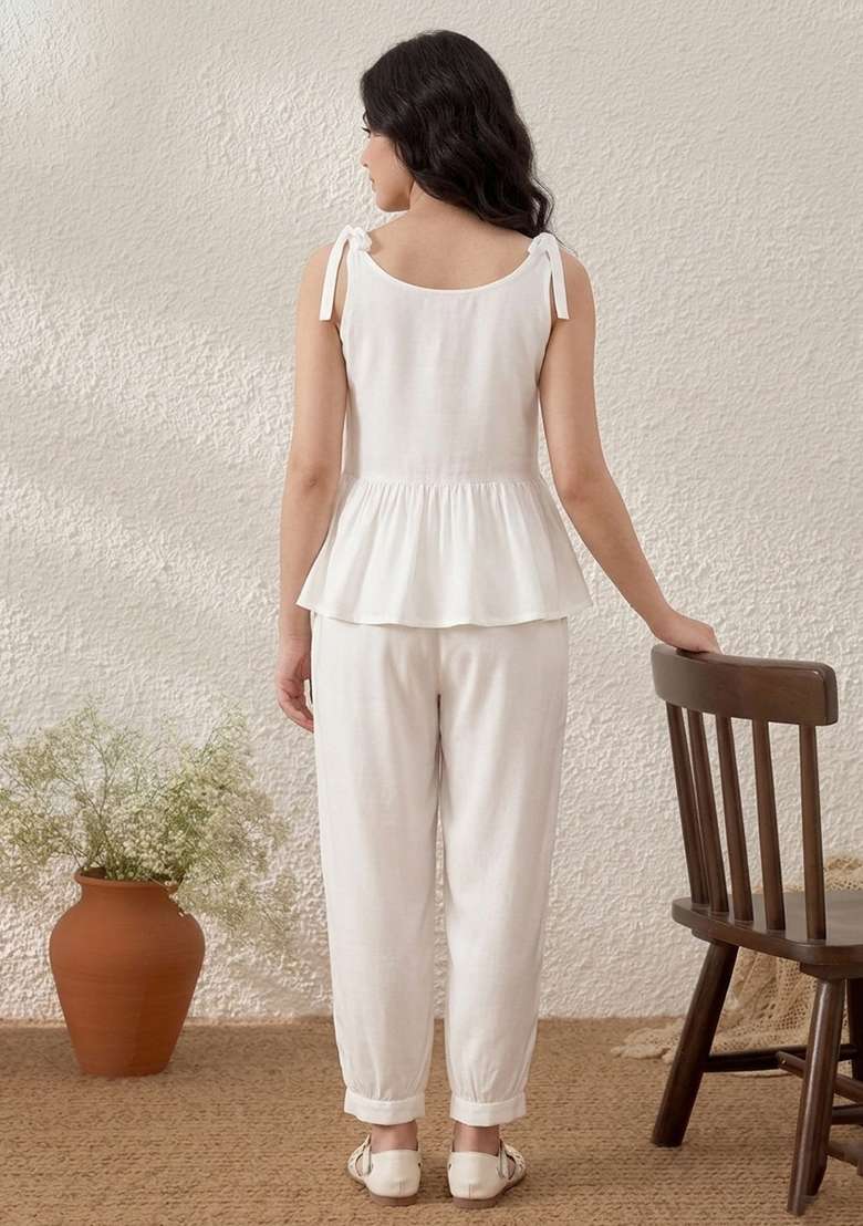 White Plain Rayon Kurta Set - Indya