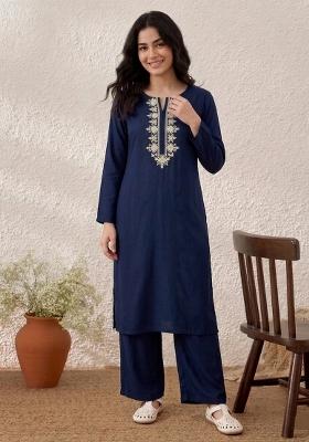 Blue Embroidered Rayon Kurta Set