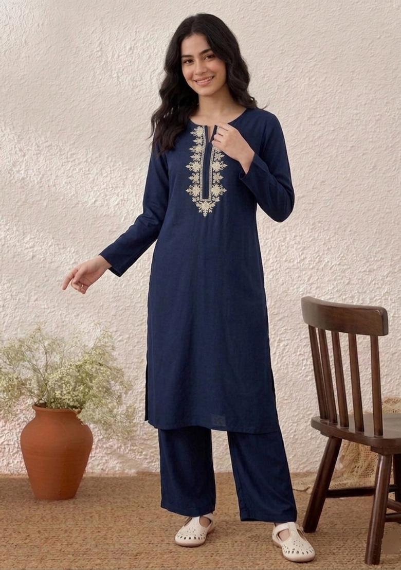 Blue Embroidered Rayon Kurta Set - Indya