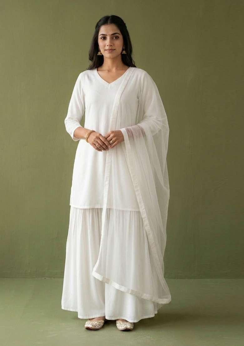 White Plain Rayon Kurta Set - Indya