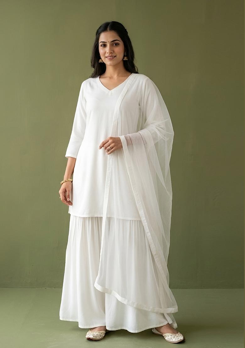 White Plain Rayon Kurta Set - Indya