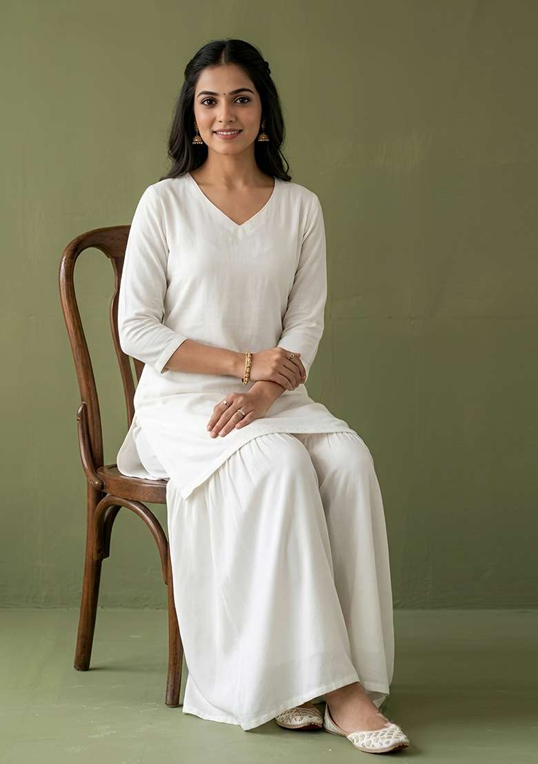 White Plain Rayon Kurta Set - Indya