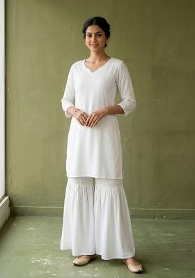 White Plain Rayon Kurta Set