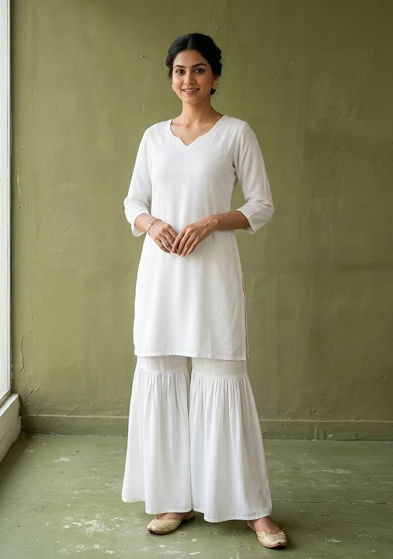 White Plain Rayon Kurta Set - Indya