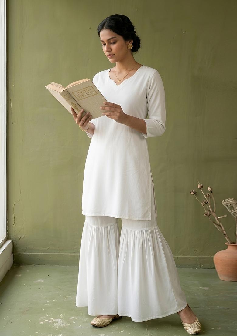 White Plain Rayon Kurta Set - Indya